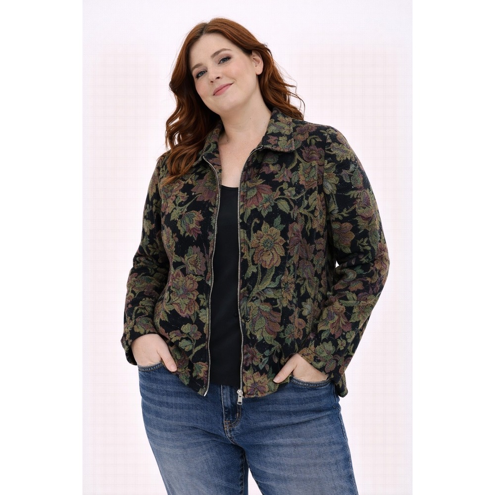 Dressbarn Tapestry Jacket Women XL Black Floral Zip‎ Up Woven Vintage Style
